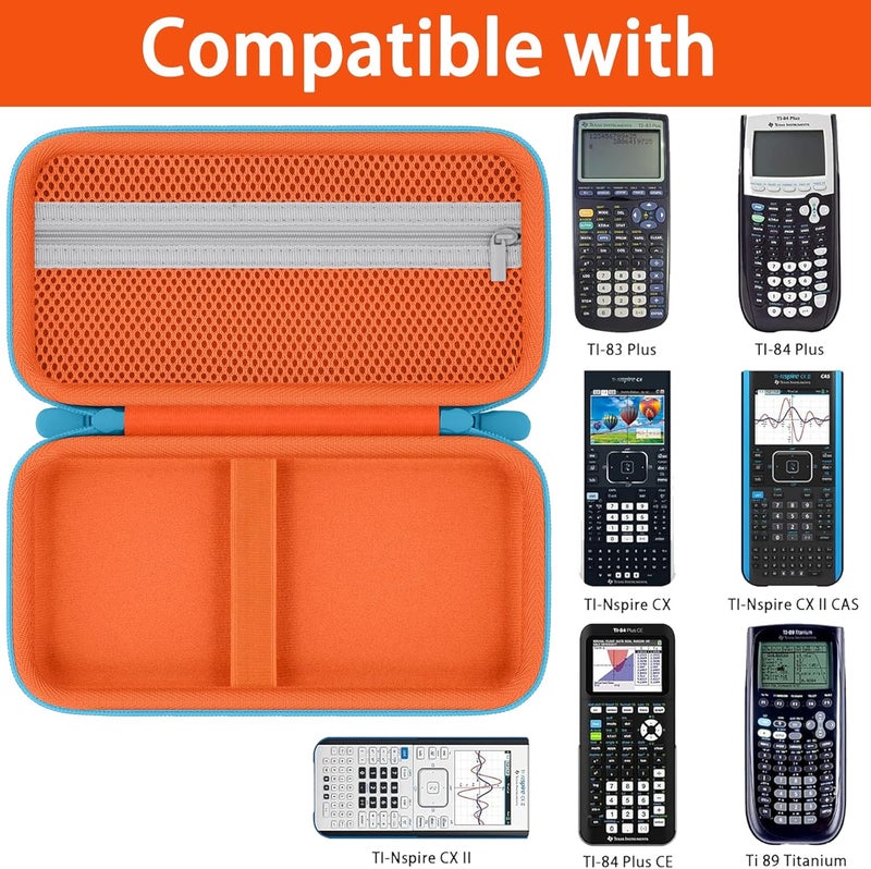 Baval Calculator Case Compatible with Texas Instruments TI-84 Plus CE/TI-84 Plus/TI-Nspire CX II CAS/TI-Nspire CX II/TI-83 Plus/TI-89 Titanium Color Graphing Calculator (Orange Case,Blue Zipper) - Image 3